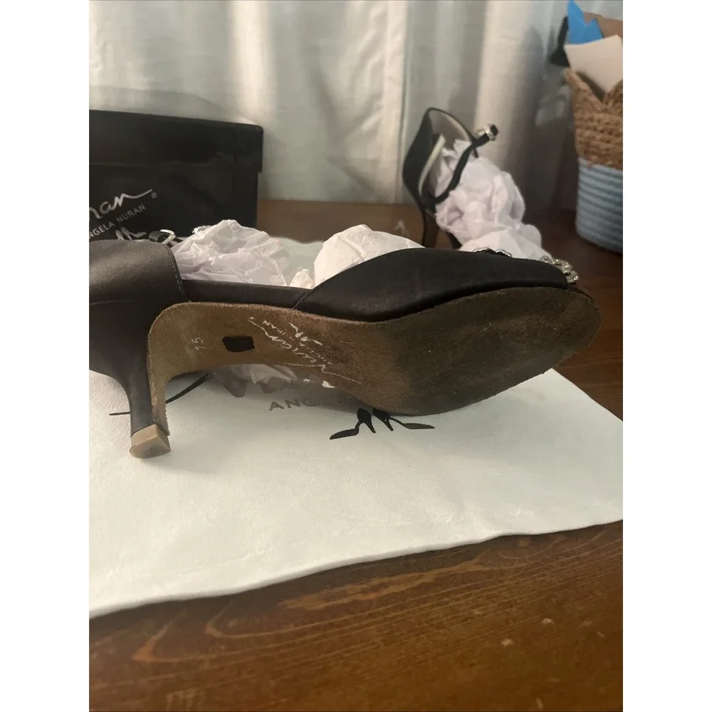 Angela Nuran Vintage Open Toe Adjustable Strap Satin Black Heels‎ 7.5